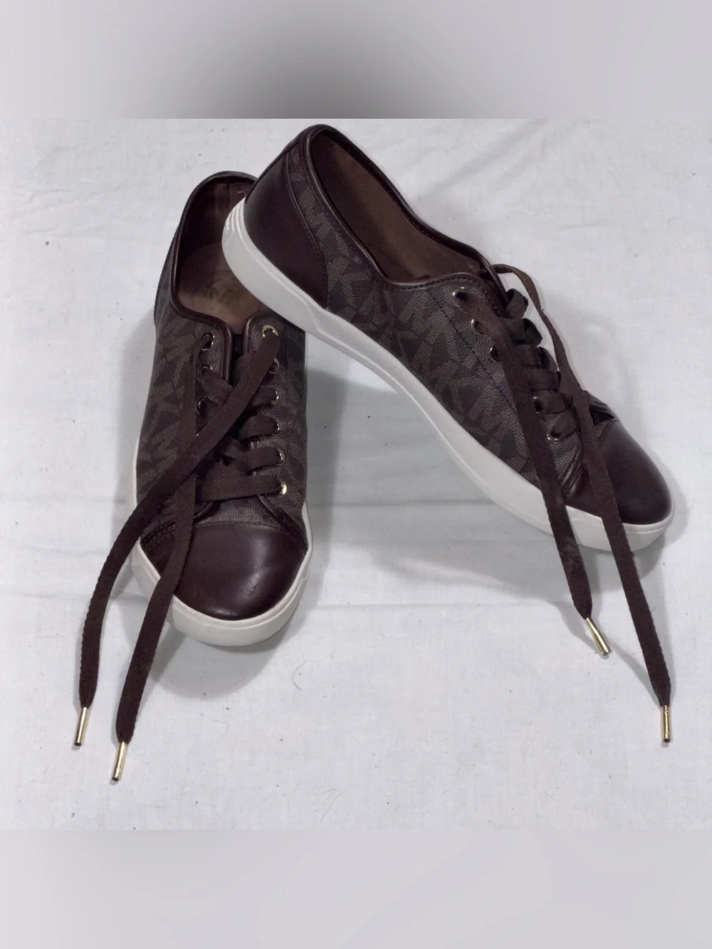 Michael Kors City MK Monogram Sneakers Women 9.5M Brown Leather Lace Up